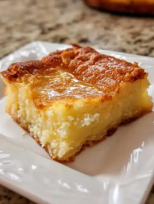 Sliced squares of gooey butter cake showing the distinct chewy base and soft cream cheese top.