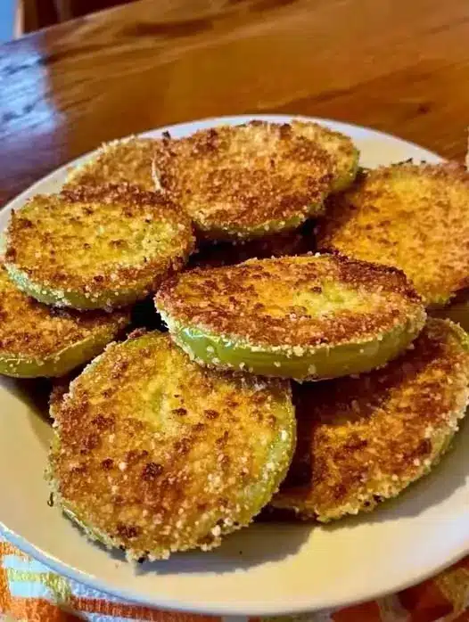 Golden brown fried green tomatoes stacked on a plate with a side of dipping sauce