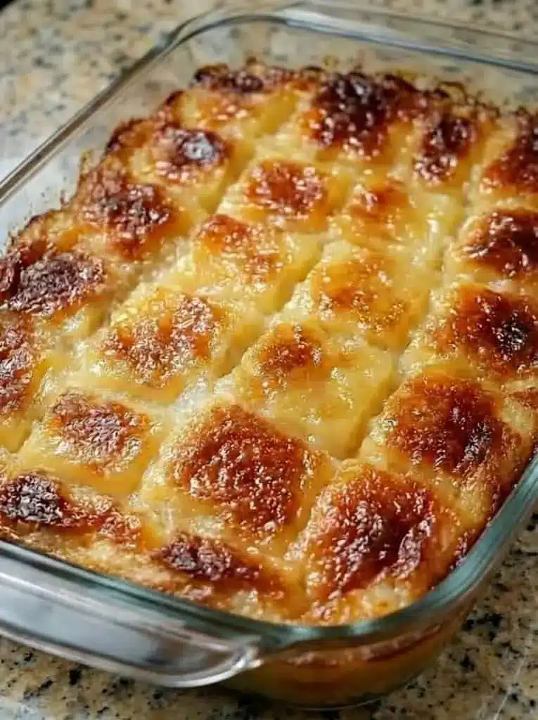 A close up shot of a scoop of pineapple casserole on a plate showing the melted cheese and fruit texture.