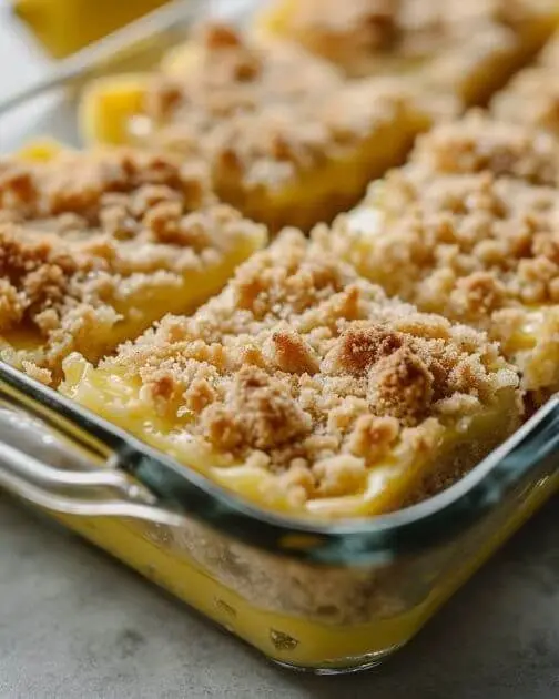 A finished pineapple casserole with a golden brown cracker topping served in a white baking dish.