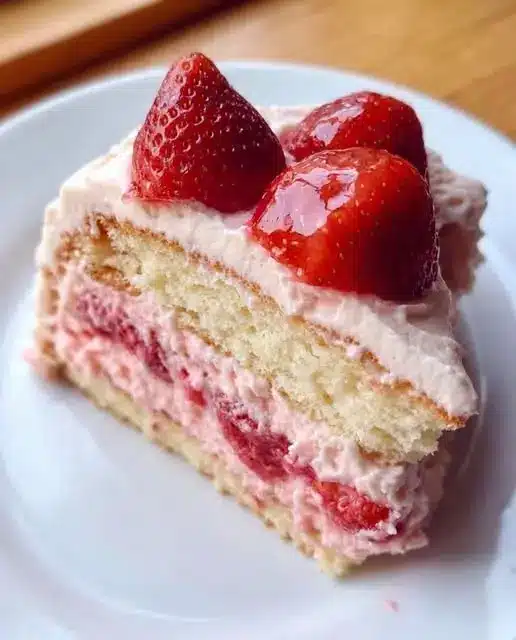 A beautiful slice of layered strawberry shortcake cake on a plate