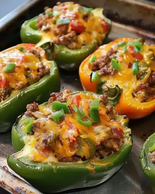 A close-up shot of a baked stuffed bell pepper topped with melted cheese and fresh herbs