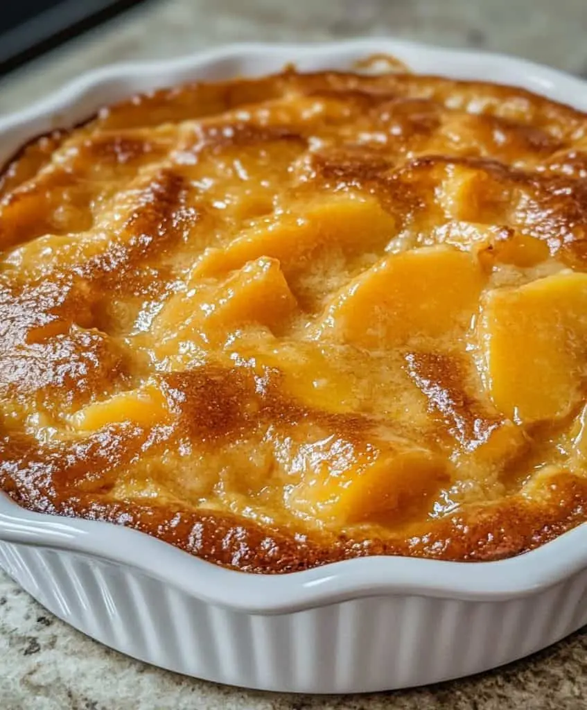 A serving of Tennessee peach pudding on a plate with a scoop of melting vanilla ice cream
