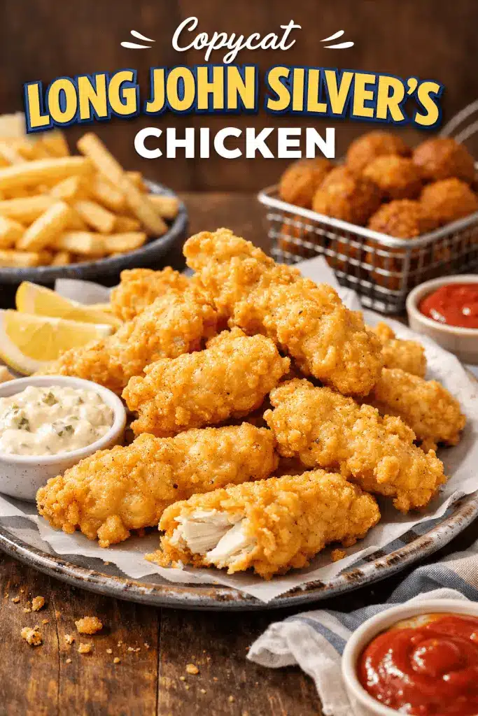 Close up of crispy batter dipped chicken strips with a side of fries