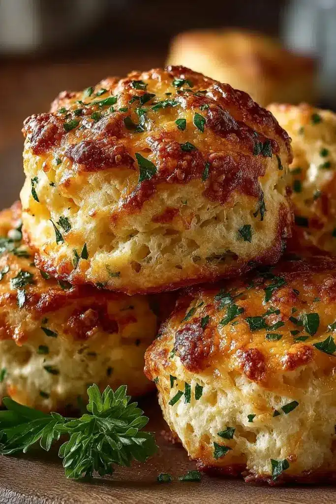 A plate of several crab stuffed cheddar bay biscuits with one broken open to reveal the creamy crab filling.