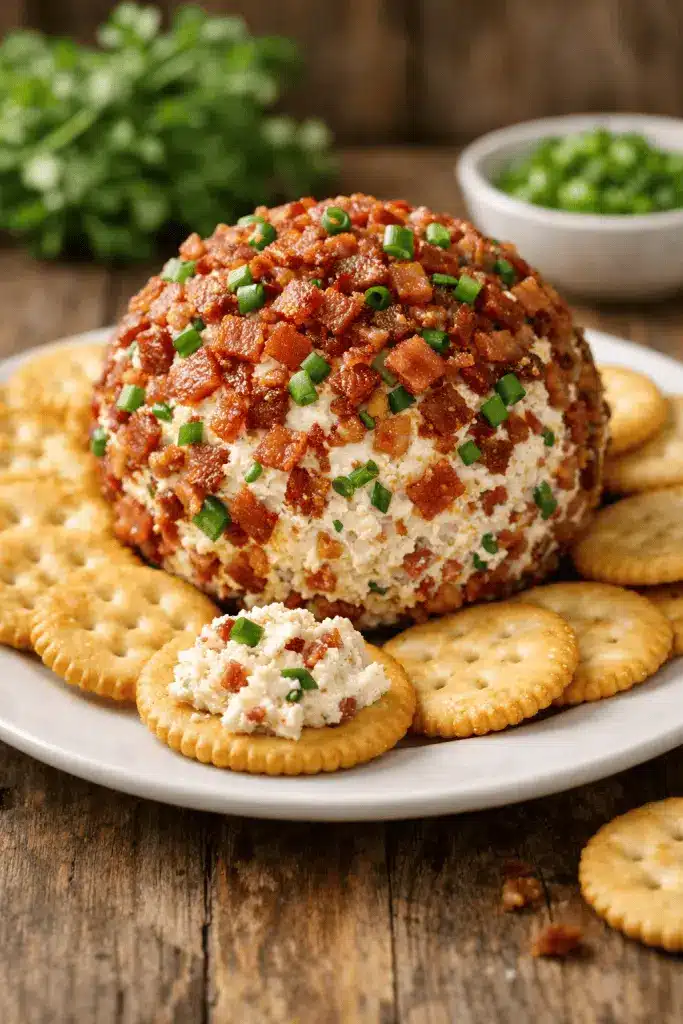 A close up of the sliced cheese ball showing the creamy interior filled with chipped beef.