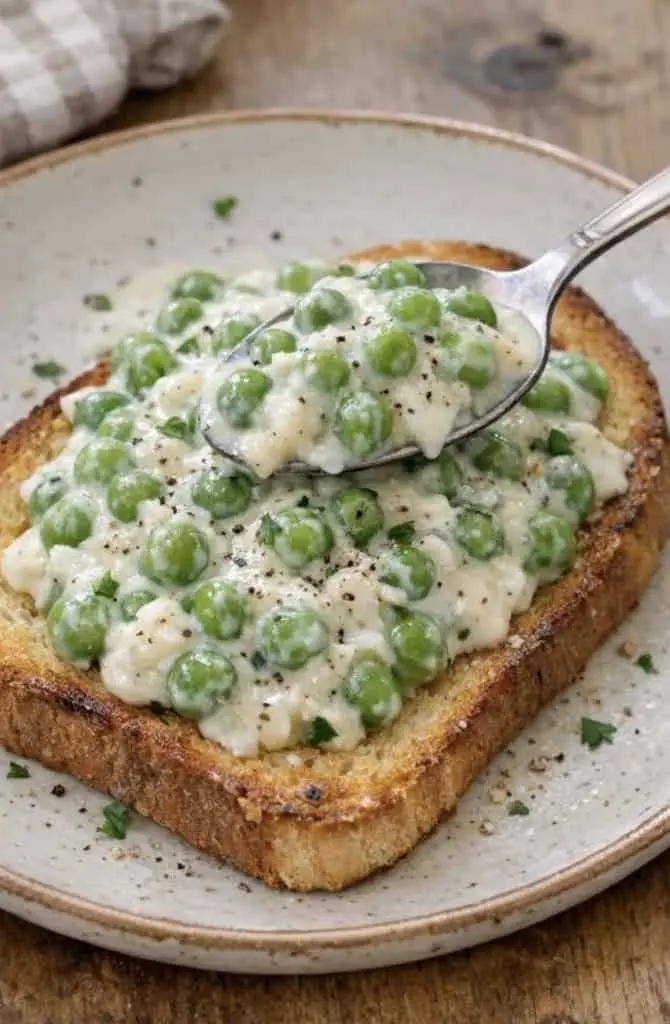 A close up shot of creamed peas on toast garnished with fresh cracked black pepper