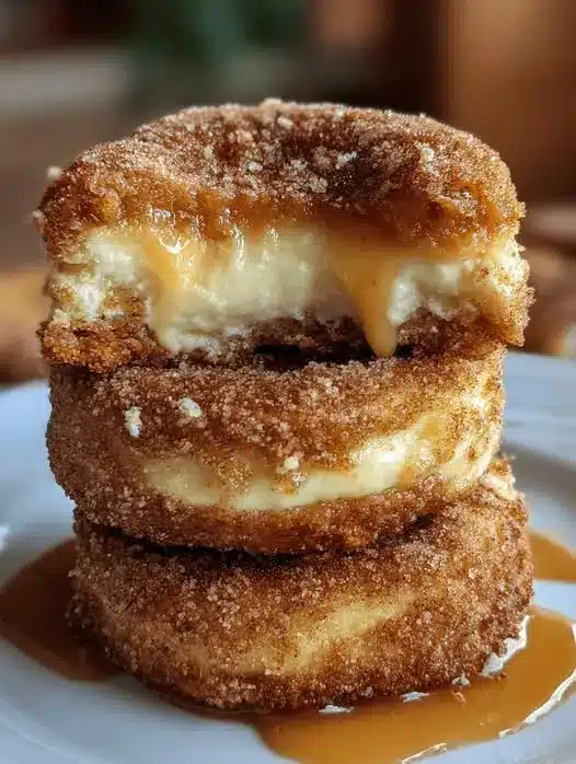 A close-up shot of a cream-filled apple donut sliced open to reveal the layers of fruit and cream.
