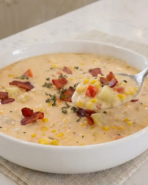 A finished bowl of creamy bacon corn chowder garnished with chives and extra bacon.