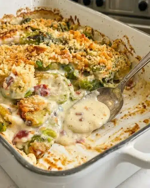 A serving of creamy brussels sprout casserole in a white dish with a garnish of fresh herbs