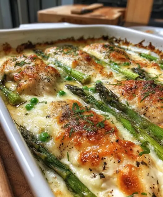 A close up shot of a plate of creamy chicken and asparagus served over a bed of white pasta