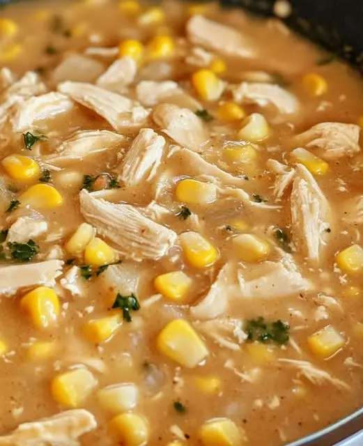 A wooden table featuring a pot of chicken corn chowder next to a loaf of crusty sourdough bread.