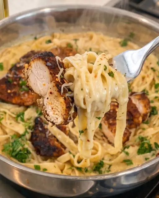 Plated creamy chicken fettuccine alfredo garnished with parsley