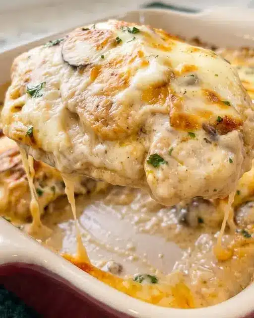The finished chicken gloria casserole topped with melted cheese and mushrooms