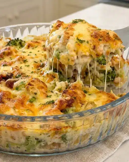 A scooped portion of creamy chicken potato broccoli casserole on a plate showing tender chicken and broccoli