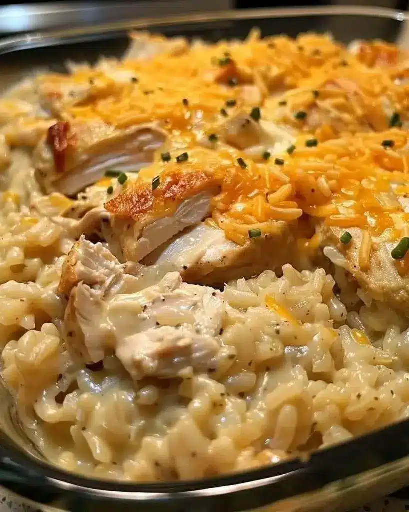 A portion of creamy chicken and rice casserole served on a white plate