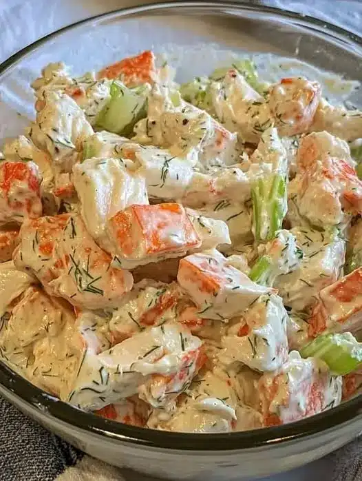 Finished creamy cucumber tomato salad in a glass bowl with fresh dill garnish