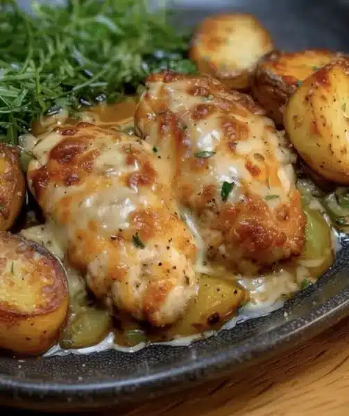 The finished creamy garlic chicken bake served in a white dish, garnished with fresh chopped parsley.