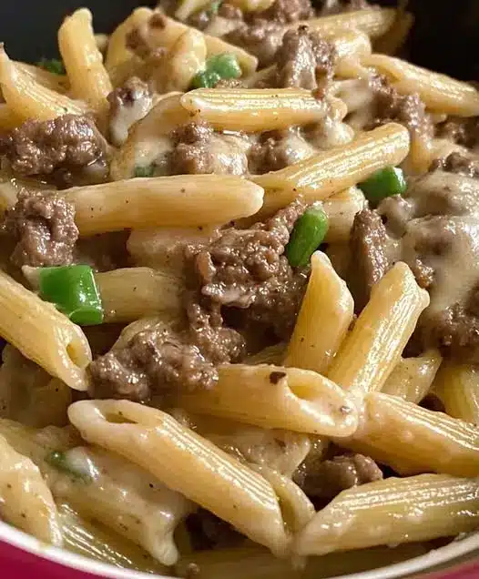 A serving of creamy ground beef penne on a plate, showing the thick sauce and garnishes.