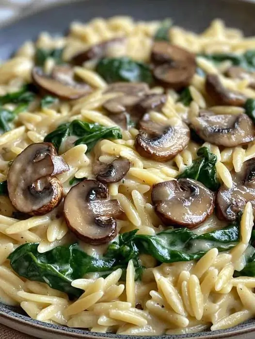 A close-up of a bowl of mushroom spinach orzo garnished with extra parmesan and black pepper.