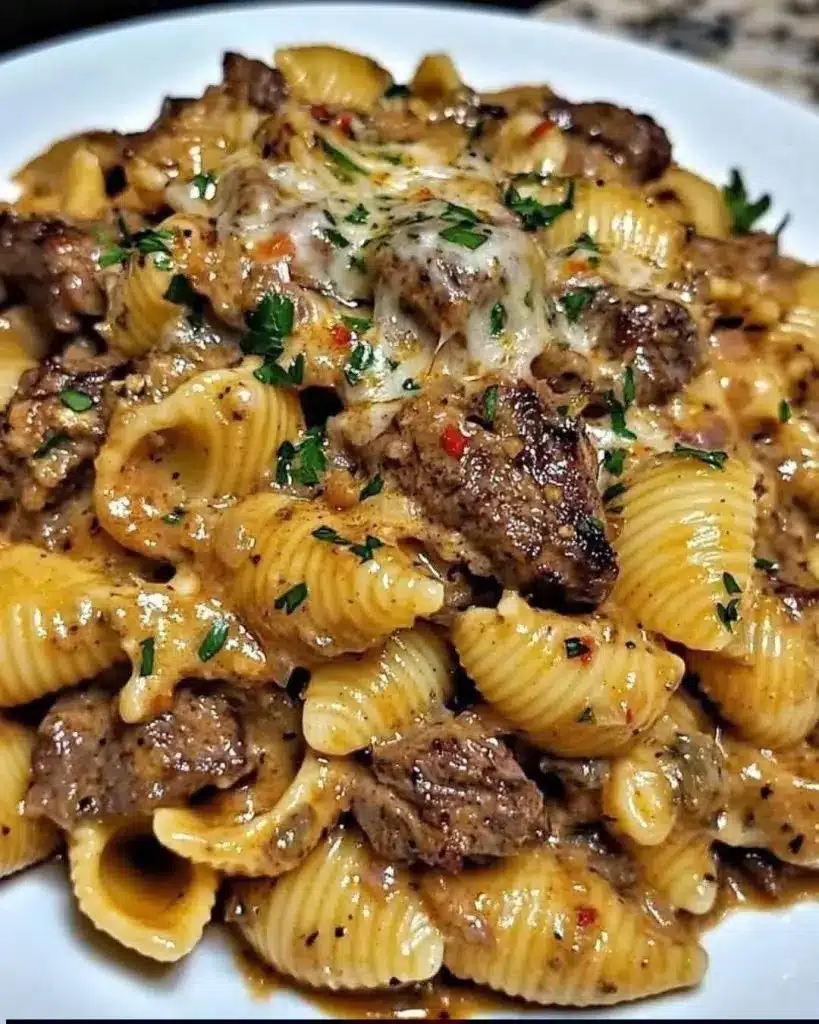 A finished plate of creamy paprika steak shells garnished with parsley