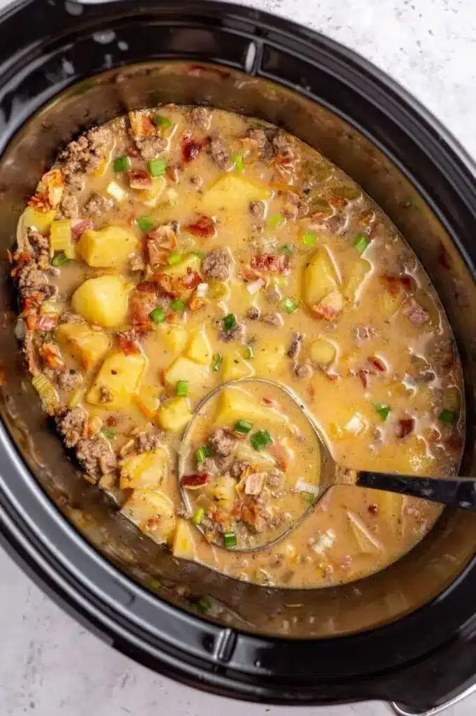 A steaming bowl of creamy potato soup topped with melted cheese, bacon, and chives.