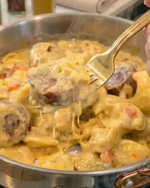 Finished creamy sausage boursin tortellini in a skillet with spinach