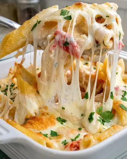 The finished creamy shrimp alfredo penne bake served in a white dish with a golden cheese crust