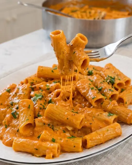 Close up of creamy tomato parmesan rigatoni in a white bowl with fresh basil leaves on top.