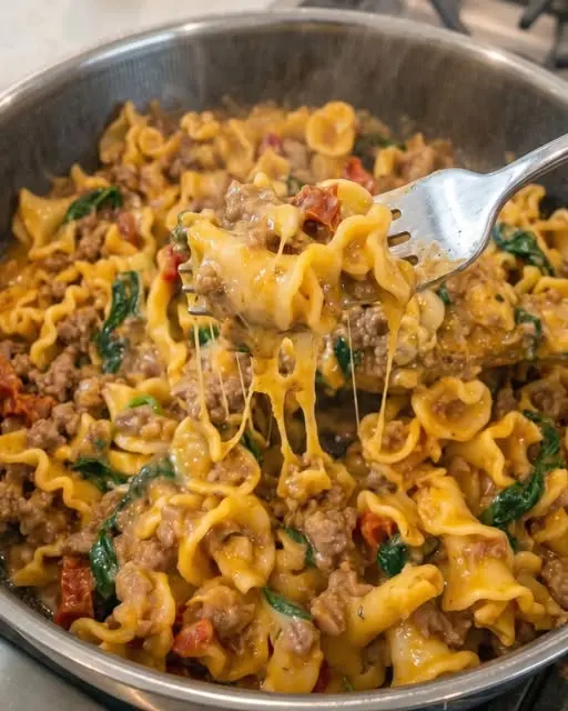 Close up of creamy Tuscan beef pasta with melted parmesan and fresh herbs