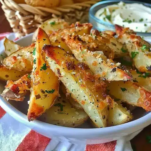A bowl of crispy golden parmesan potato wedges served with a side of creamy garlic aioli.