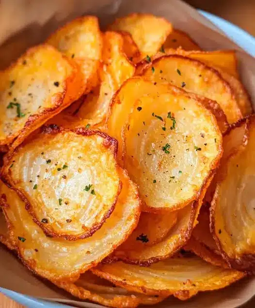 A close up of individual roasted potato slices showing the crispy edges.
