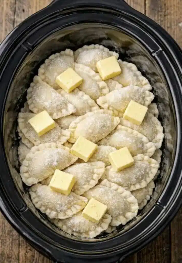 Finished crockpot pierogi casserole with melted cheese and sliced kielbasa
