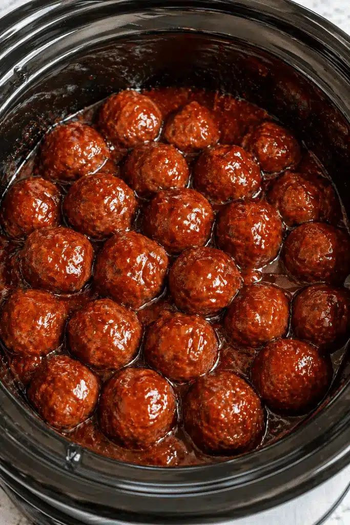 Close up of a single sweet and spicy meatball on a toothpick with sauce dripping