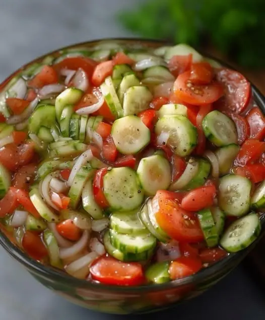 A bowl of cucumber tomato and onion salad served as a side dish for a summer dinner