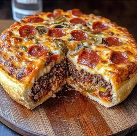 Slices of cheeseburger pizza served on a wooden board with fresh garnishes