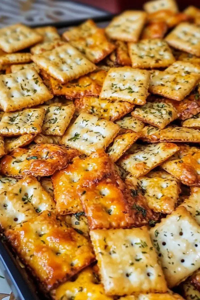Seasoned saltine crackers displayed on a wooden board with fresh dill sprigs.
