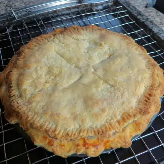 A slice of chicken pot pie served on a white plate showing the thick creamy filling.