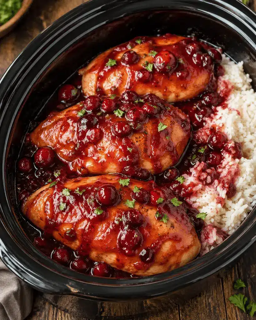 A close-up shot of a sliced glazed chicken breast served over a bed of white rice with extra cranberry sauce on top.