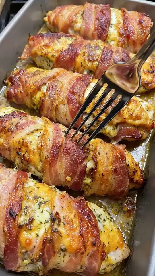 Slices of baked bacon-wrapped chicken breast served on a white plate with a side of roasted vegetables.