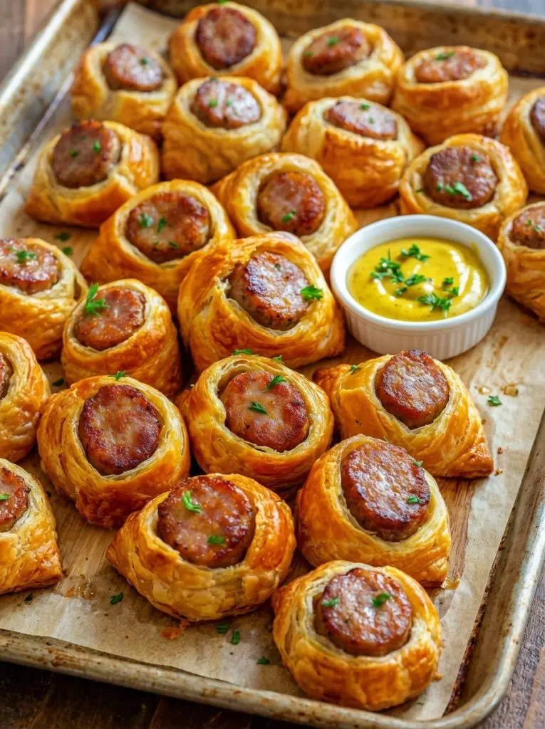 A platter of finished bacon wrapped sausage bites served with a side of dipping sauce