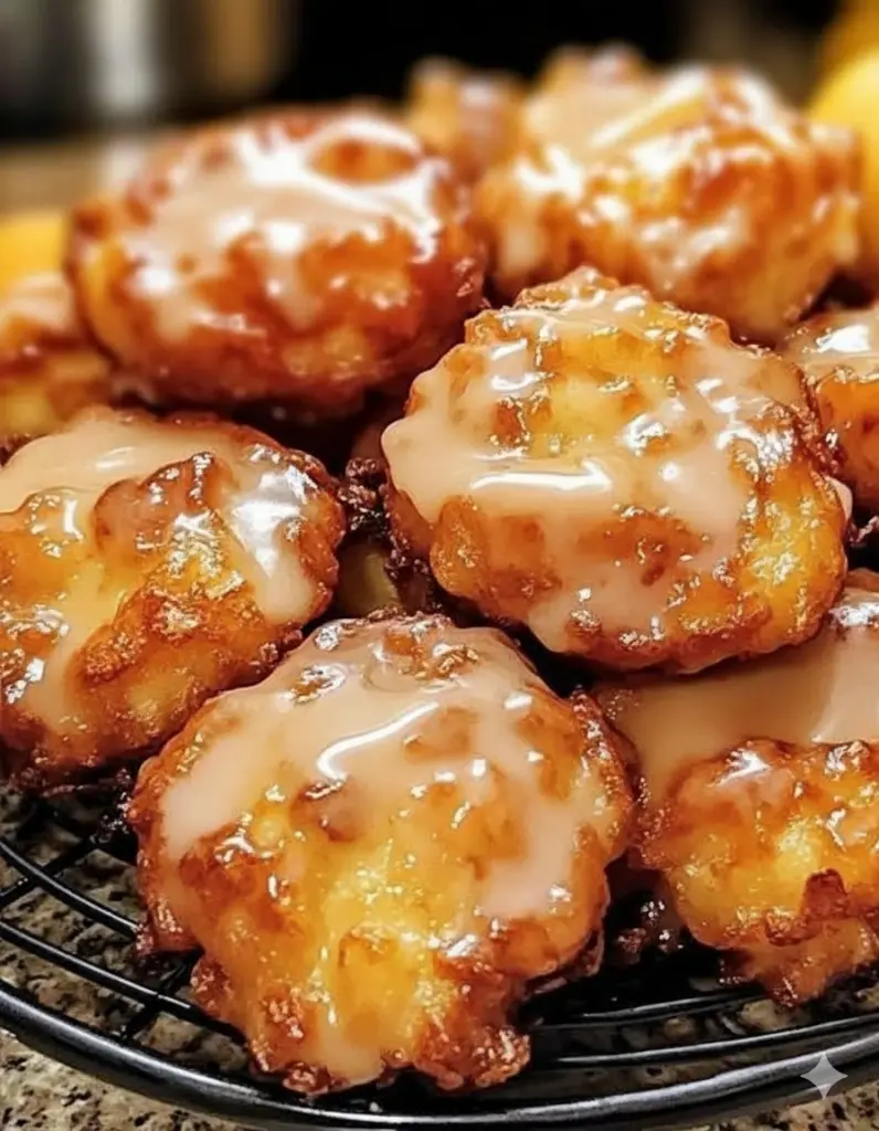 A stack of glazed baked apple fritters on a cooling rack