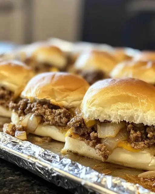 Cheeseburger sliders served with a side of french fries and dipping sauce