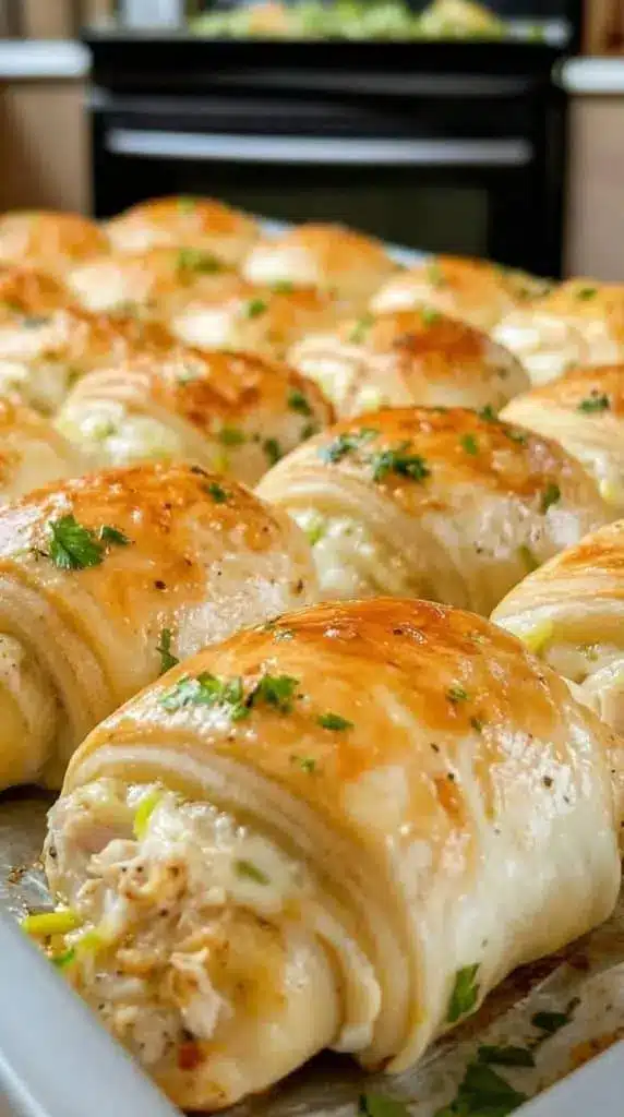 A platter of golden brown chicken crescent rolls garnished with fresh parsley.