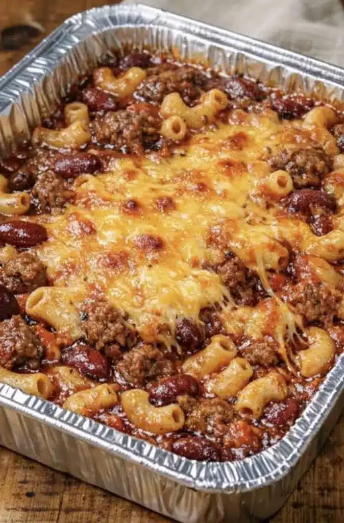 A serving of baked chili mac with melted cheese on a plate
