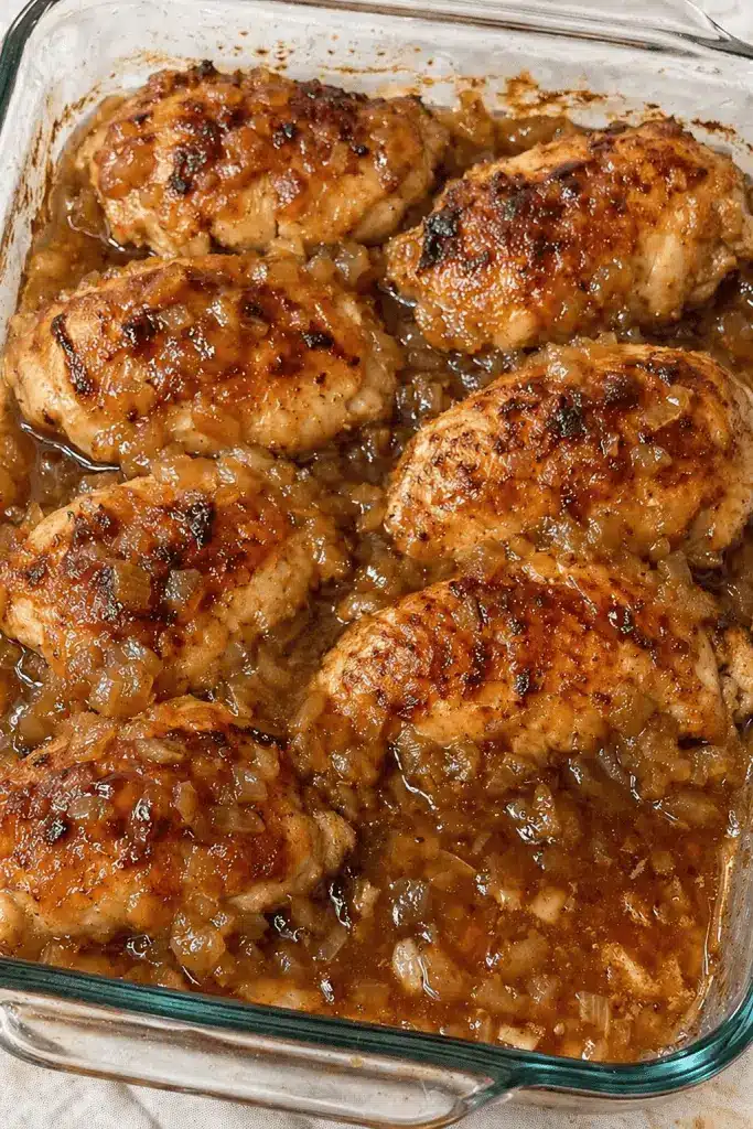 Sliced baked onion chicken served on a white plate with a side of green beans