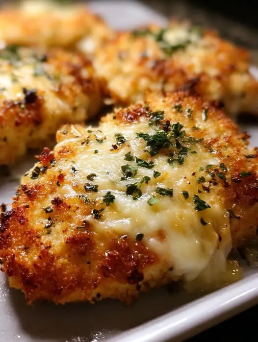Baked parmesan chicken sliced on a plate with a side of pasta.