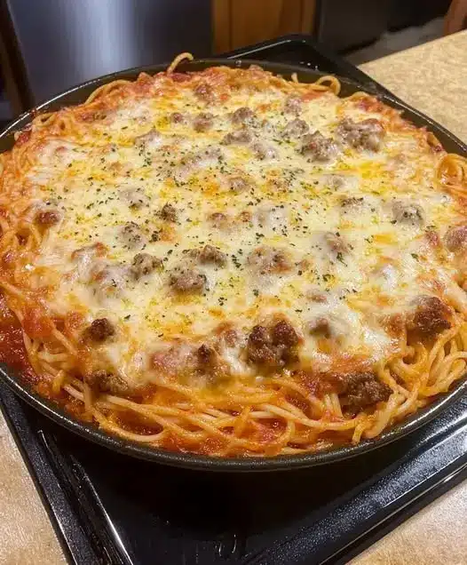 a sliced wedge of baked spaghetti pie served on a white plate with a side salad