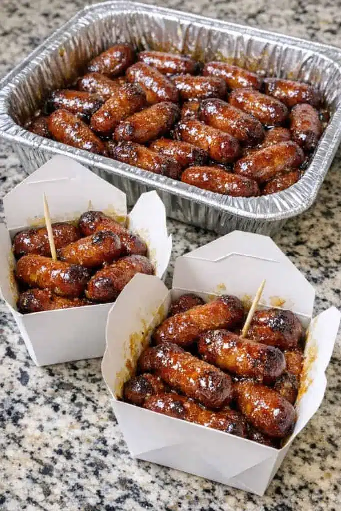 BBQ little smokies served on a white platter with garnish