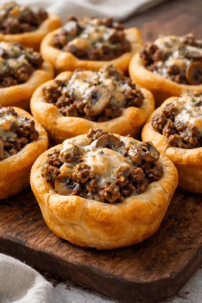 A platter of beef and mushroom crescent cups garnished with fresh parsley